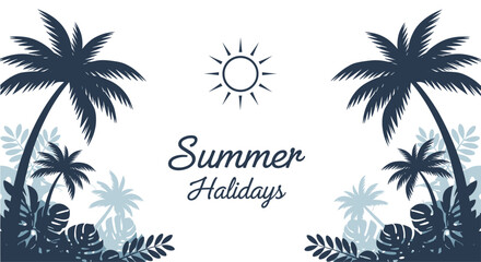 Obraz premium Elegant 'Summer Holidays' greeting card design with dark blue silhouettes of tropical palm trees and a simple sun icon on white background.