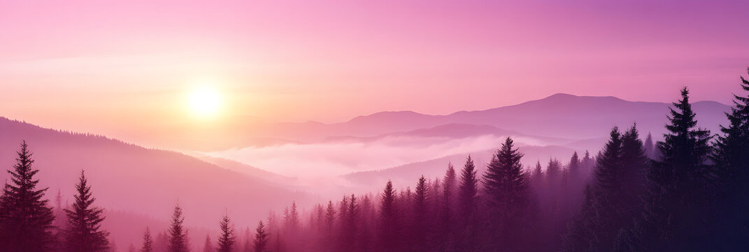 mesmerizing sunset casting its warm glow over a dense tropical rainforest wide banner - purple background - Powered by Adobe