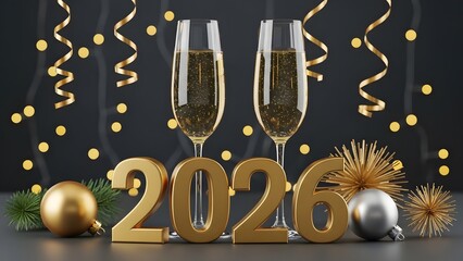 Two champagne glasses celebrating the new year 2026 with gold decorations