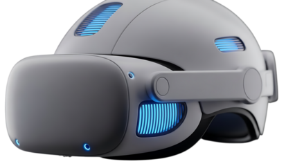 Oculus vr headset with glowing blue lights isolated on transparent background