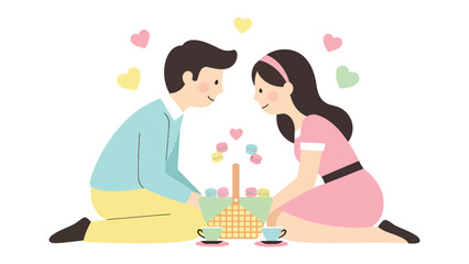 Romantic Picnic Scene: A young couple enjoys a delightful picnic, surrounded by floating hearts, symbolizing love and togetherness