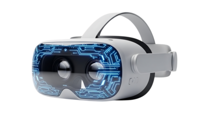 Virtual reality headset with blue circuit board design isolated on transparent background