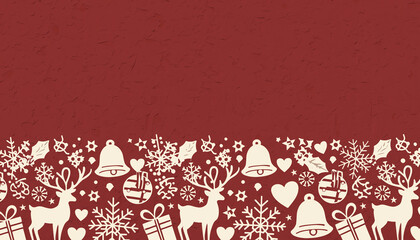Elegant Red Christmas Background with Cream Holiday Silhouette Icons, Textured Festive Border Featuring Reindeer, Snowflakes, Gifts, Bells, and Ornaments