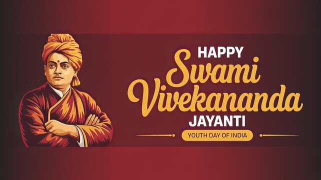Happy Swami Vivekananda Jayanti festive banner celebrating Youth Day of India with illustrated spiritual leader on warm gradient background