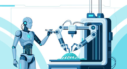 Futuristic manufacturing: Humanoid robot performing complex tasks with a sophisticated 3D printer