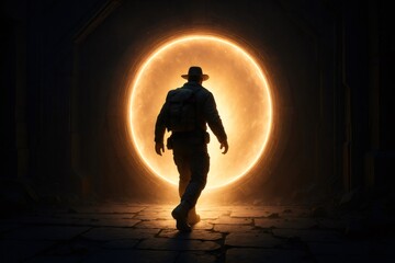 Adventurer with backpack entering a mysterious light portal on a stone path, representing discovery and new beginnings