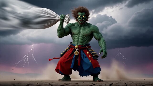 Fujin the japanese wind god holding a white wind sack in a dramatic thunderstorm.
With motion blur and bokeh background.