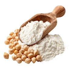 Wooden scoop resting on a mound of chickpea flour (Besan), surrounded by raw garbanzo beans. An essential gluten-free, clean-label ingredient for functional baking and high-protein, plant-based diets.
