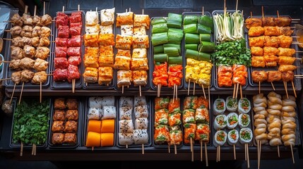 Asian Street Food Culture in vibrant editorial style showing food diversity from multiple Asian countries on one stall