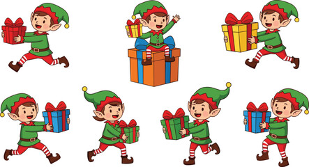 Christmas Elves Vector Illustration Set, Different Poses, Running, Sitting, Holding Gifts, Santa's Little Helpers, Happy Cartoon Characters, Festive Holiday Season