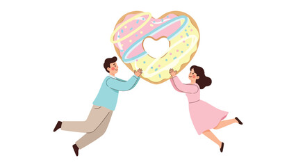 Love's Sweet Embrace: A couple playfully embraces a heart-shaped donut, celebrating love and connection in a whimsical, pastel-hued scene.