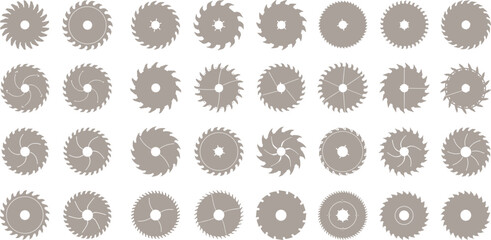 Circular Saw Blades Vector Illustration Set, Different Tooth Designs, Industrial Tool Elements, Woodworking Equipment, Cutting Discs Collection, Construction and Carpentry Icons