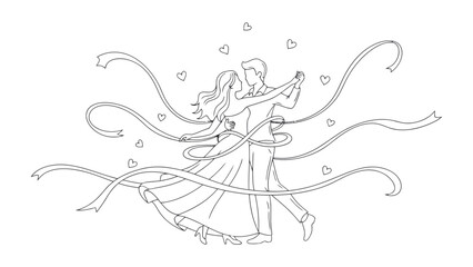 Love's Embrace: An Illustration of a Couple Dancing Amidst Hearts and Ribbons, Symbolizing Unity and Romance.