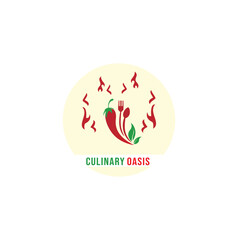 Spicy food logo featuring a chili pepper, cutlery, and leaves, surrounded by flames, ideal for a Mexican or hot-flavor restaurant.