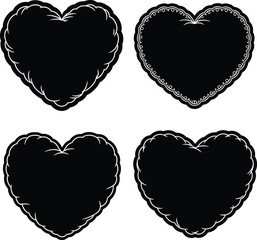 Ornamental heart label silhouette set, scalloped edge badge frames in black