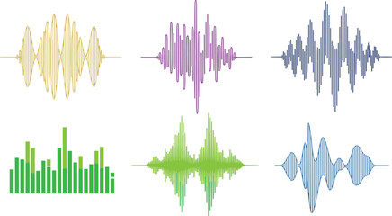 Colorful Sound Waveforms and Audio Equalizers Set, Music Signal Visualization, Voice Wave Vector Graphic, Technology Elements for Media and Entertainment
