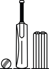 Cricket Bat, Ball, and Stumps Vector Outline Icon, Sport Equipment, Monochrome Black and White Graphic, Game Element, Simple Sports Illustration