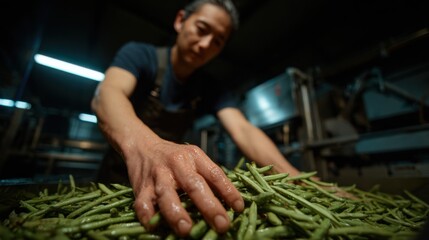 close-up side view of a woman's hand grasping green beans from a pile of green beans, industrial setting,