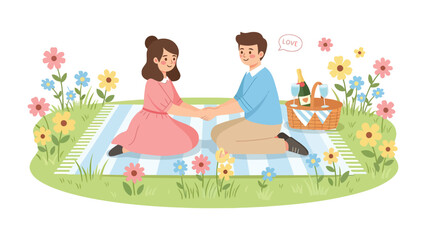 Romantic picnic illustration: A couple sits intimately on a picnic blanket, surrounded by blooming flowers, sharing a moment of tenderness with a picnic basket. 