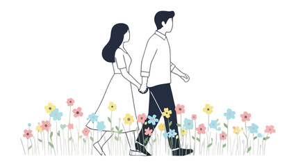 Love's Gentle Stroll: A couple embarks on a shared journey through a vibrant meadow, symbolizing unity and togetherness in their blossoming relationship. 