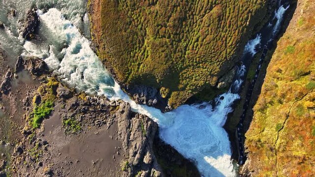 Aerial view of the Barnafoss falls in Iceland