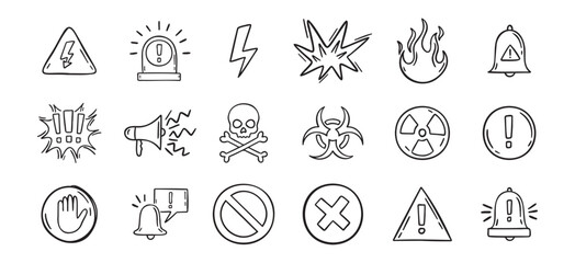 Warning doodle hand drawn icons set. Danger drawing sketch signs 