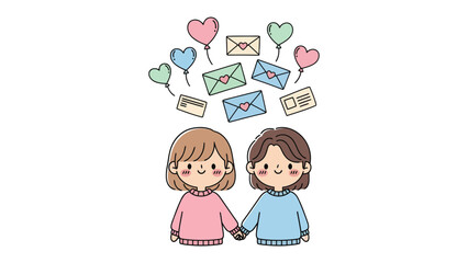 Love Letter: A gentle depiction of two individuals holding hands, surrounded by hearts and letters, symbolizing connection, affection, and the magic of correspondence.