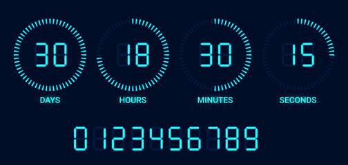 Vector digital timer with blue LED display and full set of glowing digital numbers isolated on dark background. Realistic mockup or template