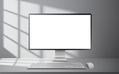 Vector illustration of desktop pc, widescreen monitor with blank empty white screen, keyboard and mouse. Realistic mockup or template, isolated on white background