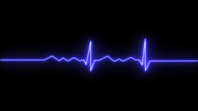 A vibrant blue neon electrocardiogram (ECG) pulse line illuminates a dark black background, representing health, life, and critical medical monitoring data in a digital graphic.
