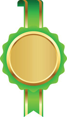 Golden Award Medal with Green Ribbon Illustration. Winner Award Banner Mockup.