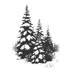 Vintage monochrome illustration in woodcut style of a dense group of snow-covered pine and fir trees, capturing winter forest scenery and nature for seasonal vector designs.