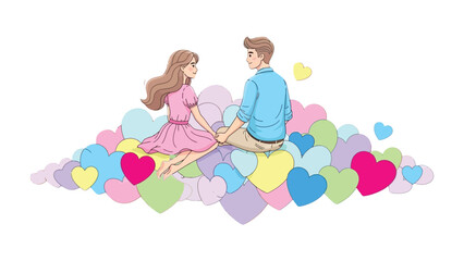 Love's Embrace: A couple, intertwined in an intimate moment, sits amidst a cascade of hearts, embodying the essence of romance, affection, and togetherness.
