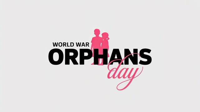 Minimal &ldquo;World War Orphans Day&rdquo; logotype with bold black &ldquo;ORPHANS&rdquo; text and cursive pink &ldquo;day,&rdquo; featuring a pink silhouette of two children hugging inside the letter O on a light background
