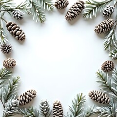 Fototapeta premium Pinecones and Evergreen Branches on White Background