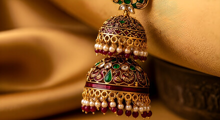 Elegant Gold Jhumka Earrings with Pearls and Enamel Detailing for Traditional Jewelry Catalog