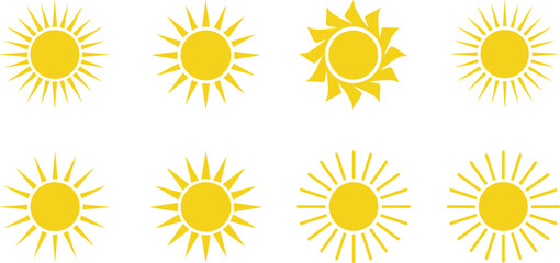 Collection of bright yellow sun vector icons displaying various styles of rays and sharp edges, representing concepts of weather, light, summer, solar energy, and heat in flat design.