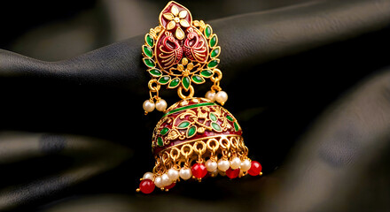Exquisite Gold Jhumka Earring With Emerald Enamel, Pearl Beads, And Red Accents For Festive Indian Jewelry