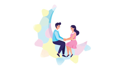 Romance on the Crescent Moon: An enchanting illustration of a couple sitting on a crescent moon with soft, pastel hues, depicting love and togetherness