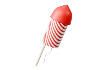 3d striped rocket firework with fuse icon. celebration party concept. minimal cartoon firecracker rocket for holiday banner hero. isolated on white background. 3d render.