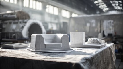 Midrange capture of a 3D printed packaging prototype session featuring the transition from digital design to physical styrene model in an industrial setting.