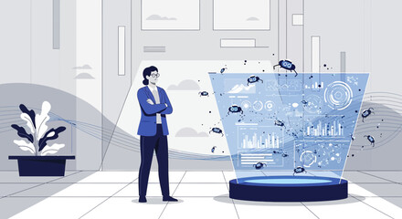 Obraz premium Analysis of nanobots and data by a researcher in a futuristic laboratory setting