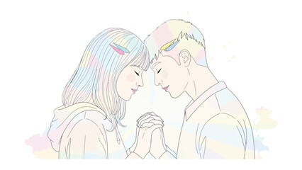 Eternal Bond: A tender moment captured between two souls, hands clasped, their eyes closed, radiating a gentle aura of serenity and affection.