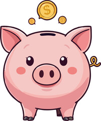Cute pink piggy bank with gold coins floating above, cartoon savings illustration