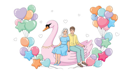 Love's Flight: A couple floats on a swan with balloons, symbolizing their romance, against a backdrop of pastel hues and playful shapes. 
