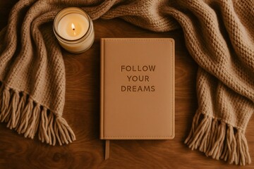 Notebook with follow your dreams text creating an inspiring atmosphere with a burning candle and soft knitted scarf on wood