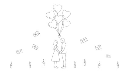 Love's Invitation: Two figures hold hands beneath a heart-shaped balloon bouquet, enveloped in an atmosphere of romance, with letters of affection gently floating around them.