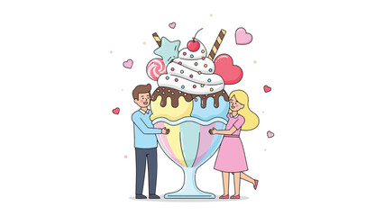 Sweet Romance: A delightful illustration captures a couple embracing a giant sundae, symbolizing shared sweetness and affection, perfect for representing love and culinary enjoyment.