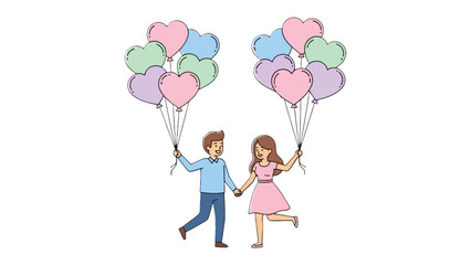 Love's Floating Hearts: A couple, hand-in-hand, share heart-shaped balloons, symbolizing love and connection, creating a charming scene of romance and affection.