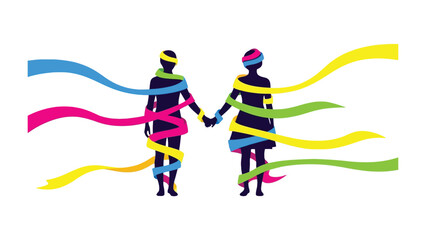 Intertwined: A symbol of unity as two figures, their forms embraced and connected by vibrant ribbons of color, represent the bonds of human connection and mutual support. 